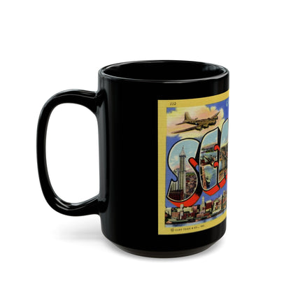 Greetings from Seattle Washington (Greeting Postcards) Black Coffee Mug-The Sticker Space