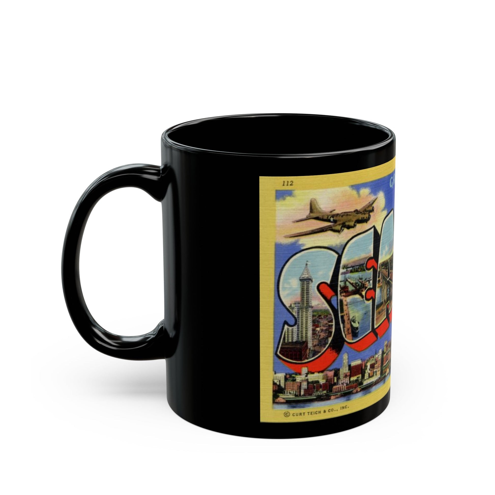 Greetings from Seattle Washington (Greeting Postcards) Black Coffee Mug-The Sticker Space