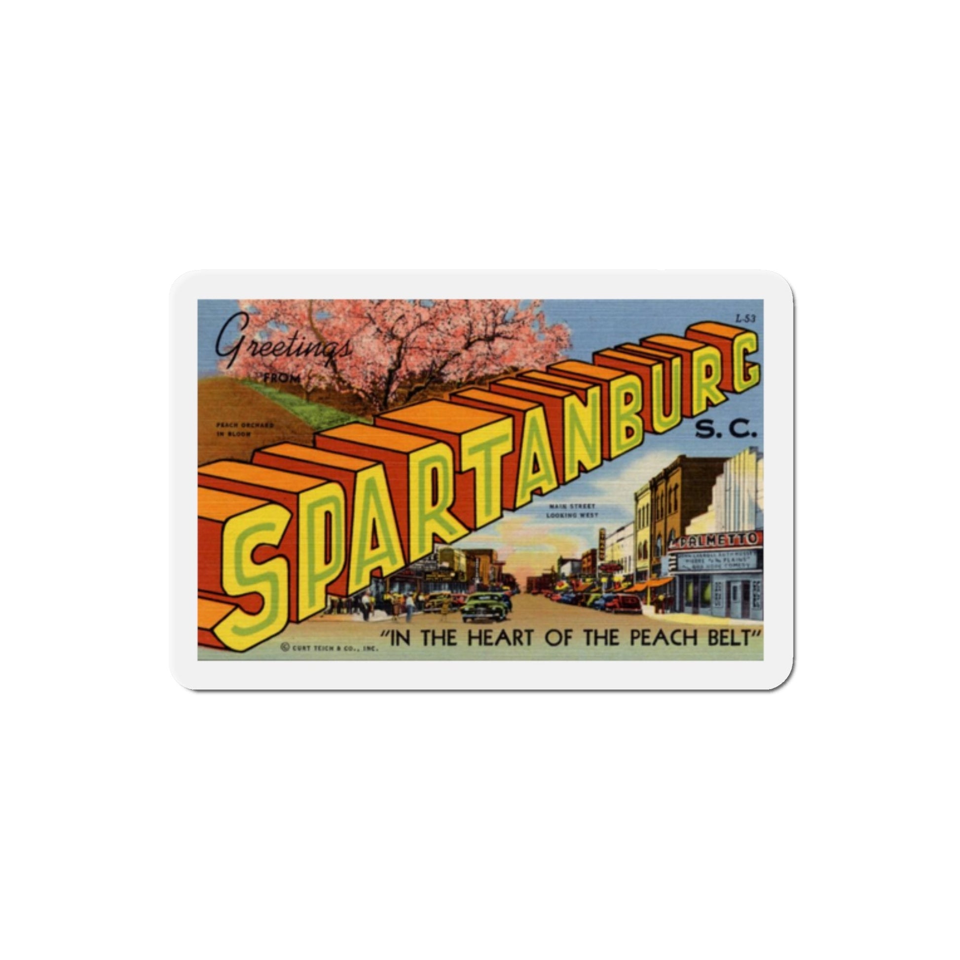 Greetings from Spartanburg SC in the heart of the Peach Belt (Greeting Postcards) Die-Cut Magnet-2" x 2"-The Sticker Space