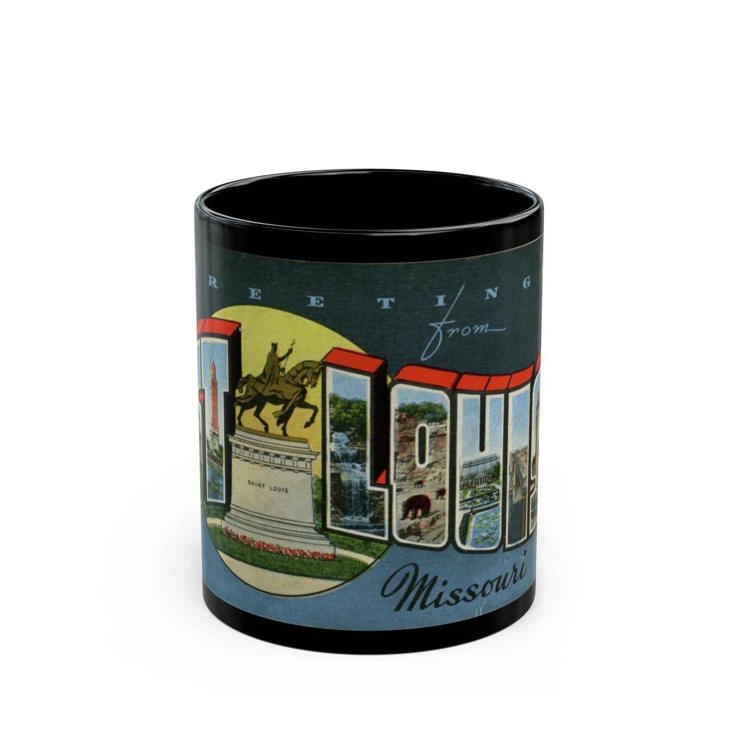 Greetings from St Louis Missouri (Greeting Postcards) Black Coffee Mug-11oz-The Sticker Space