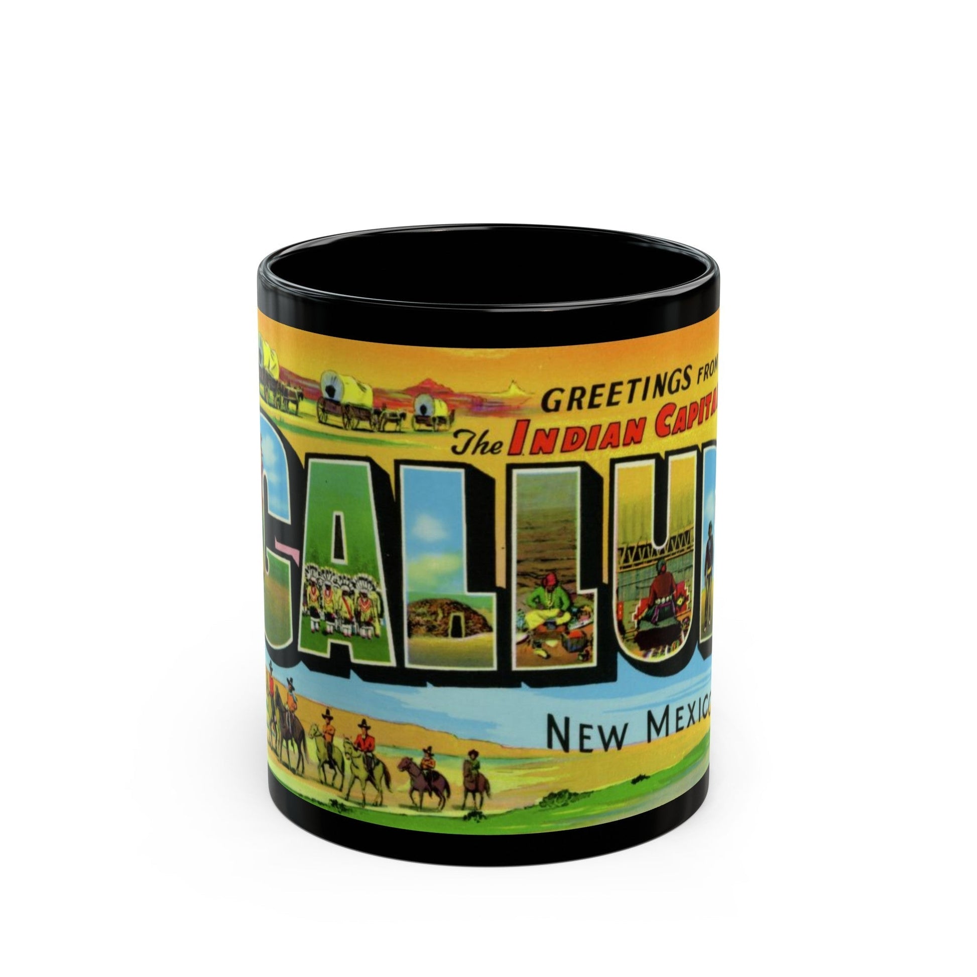 Greetings from the Indian capital Gallup New Mexico (Greeting Postcards) Black Coffee Mug-11oz-The Sticker Space