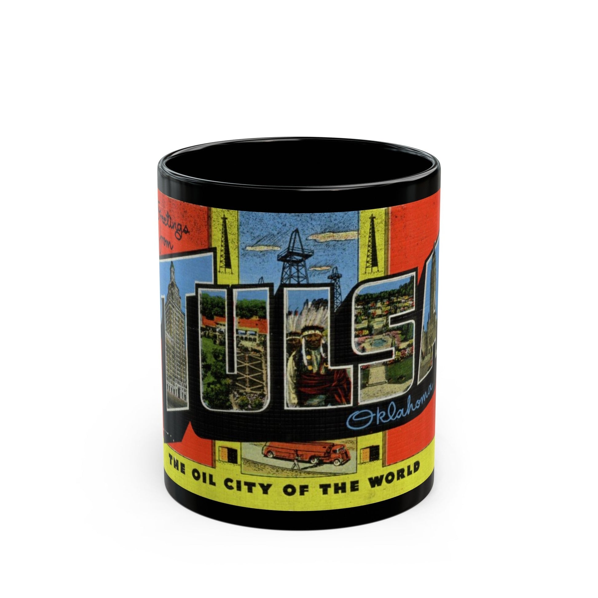 Greetings from Tulsa Oklahoma (Greeting Postcards) Black Coffee Mug-11oz-The Sticker Space