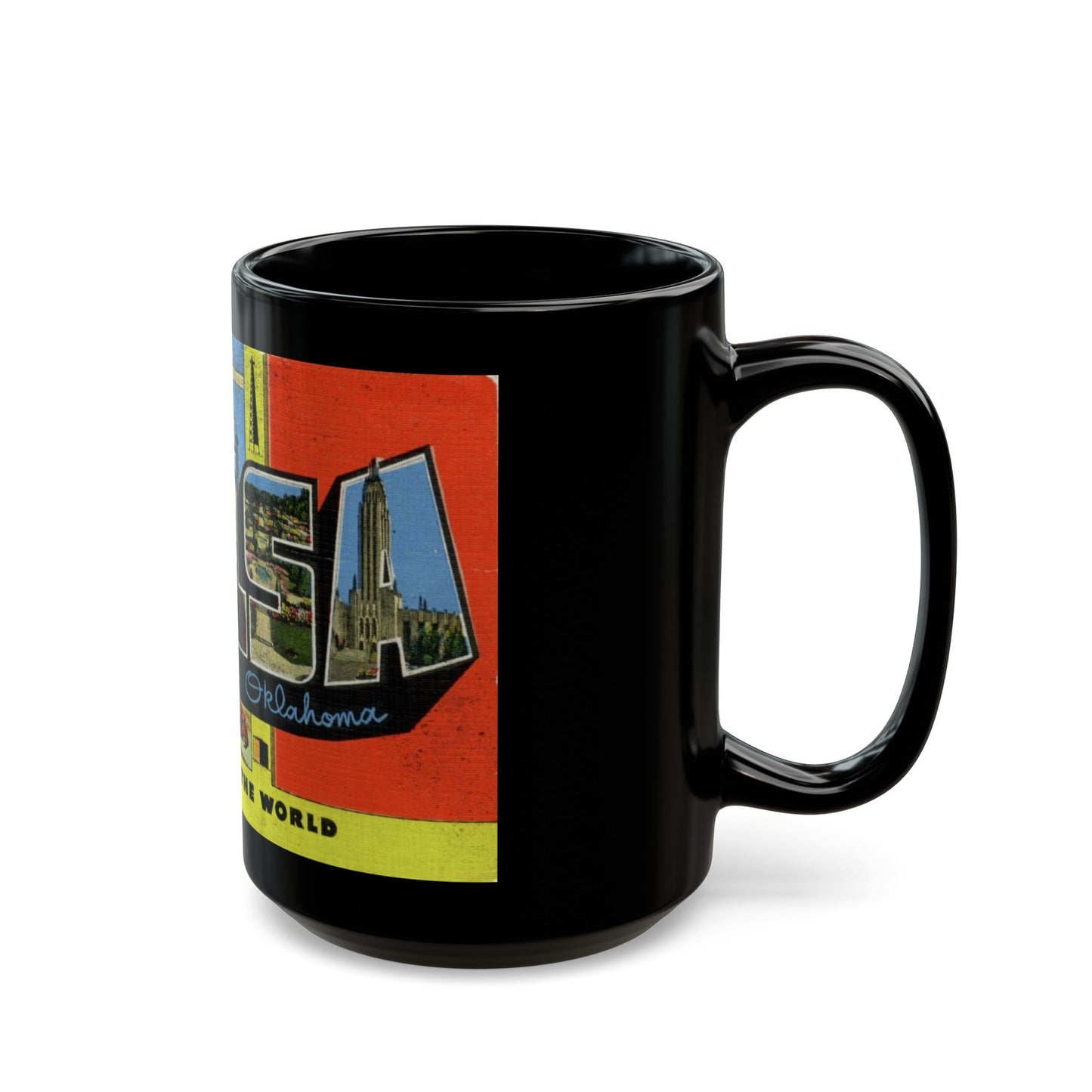 Greetings from Tulsa Oklahoma (Greeting Postcards) Black Coffee Mug-The Sticker Space