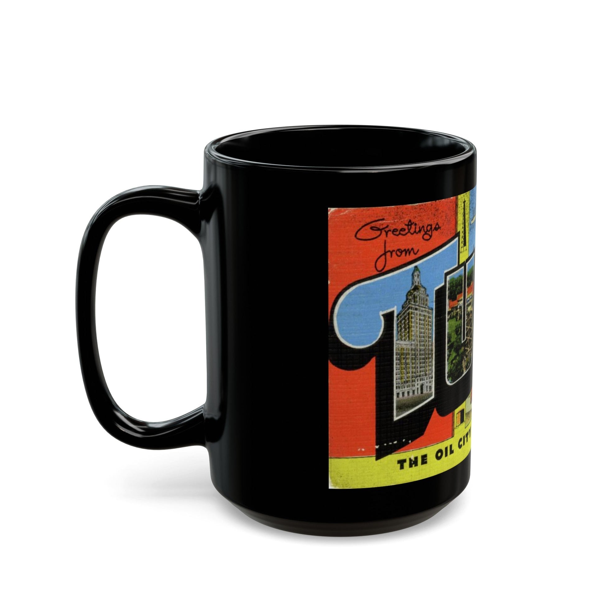 Greetings from Tulsa Oklahoma (Greeting Postcards) Black Coffee Mug-The Sticker Space