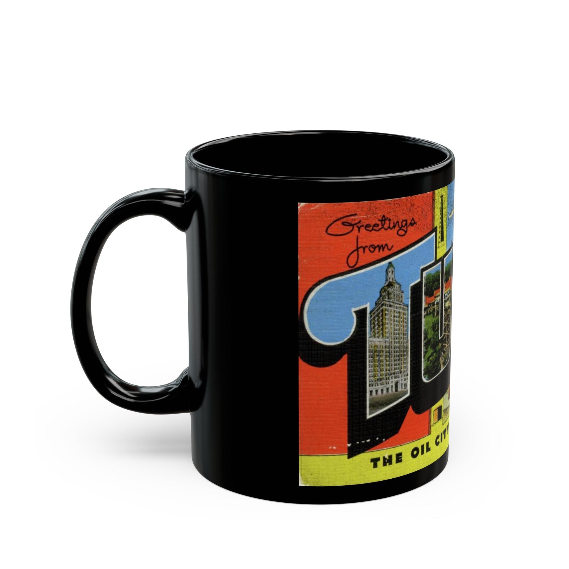 Greetings from Tulsa Oklahoma (Greeting Postcards) Black Coffee Mug-The Sticker Space