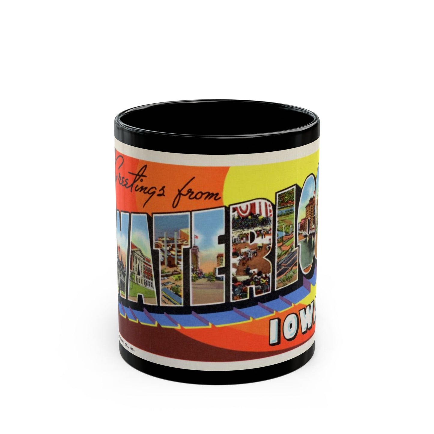 Greetings from Waterloo Iowa (Greeting Postcards) Black Coffee Mug-11oz-The Sticker Space