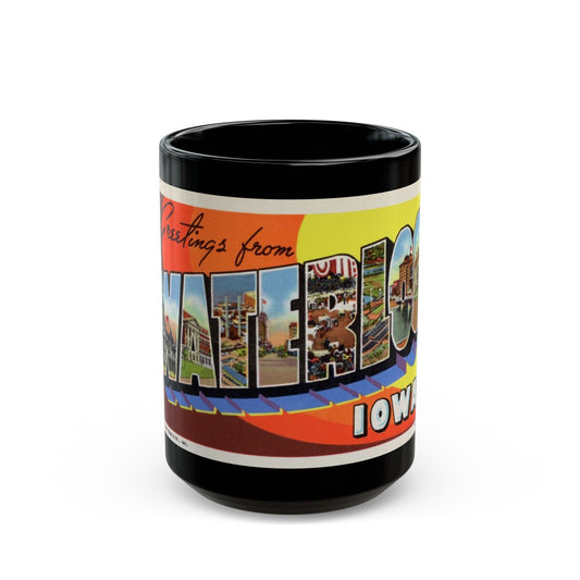 Greetings from Waterloo Iowa (Greeting Postcards) Black Coffee Mug-15oz-The Sticker Space