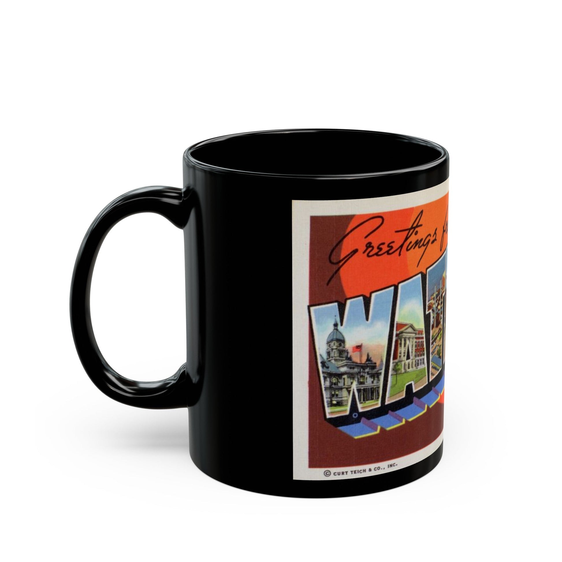 Greetings from Waterloo Iowa (Greeting Postcards) Black Coffee Mug-The Sticker Space