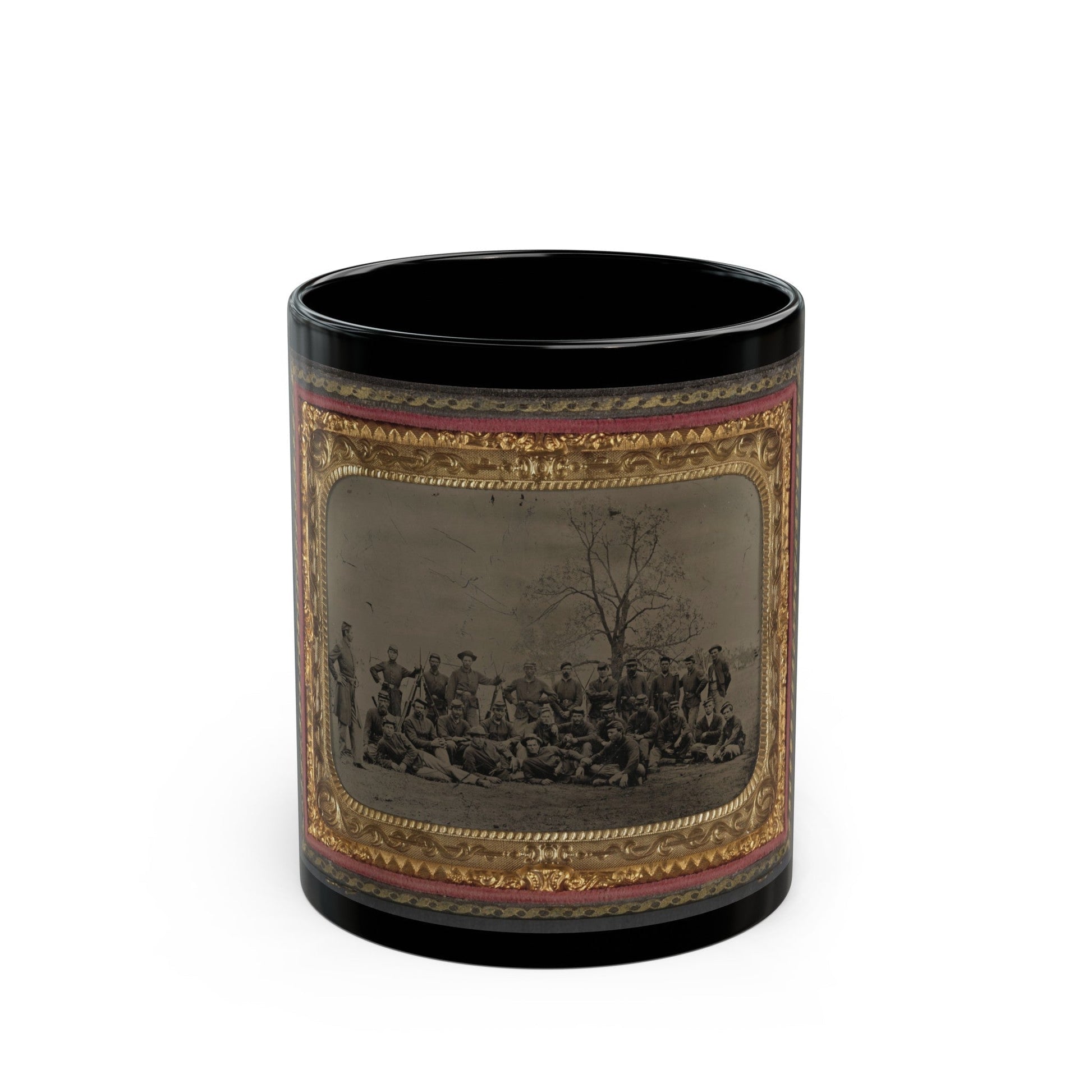 Group Of 26 Unidentified Soldiers In Union Uniforms With Stacked Bayoneted Muskets In Front Of Tree (U.S. Civil War) Black Coffee Mug-11oz-The Sticker Space