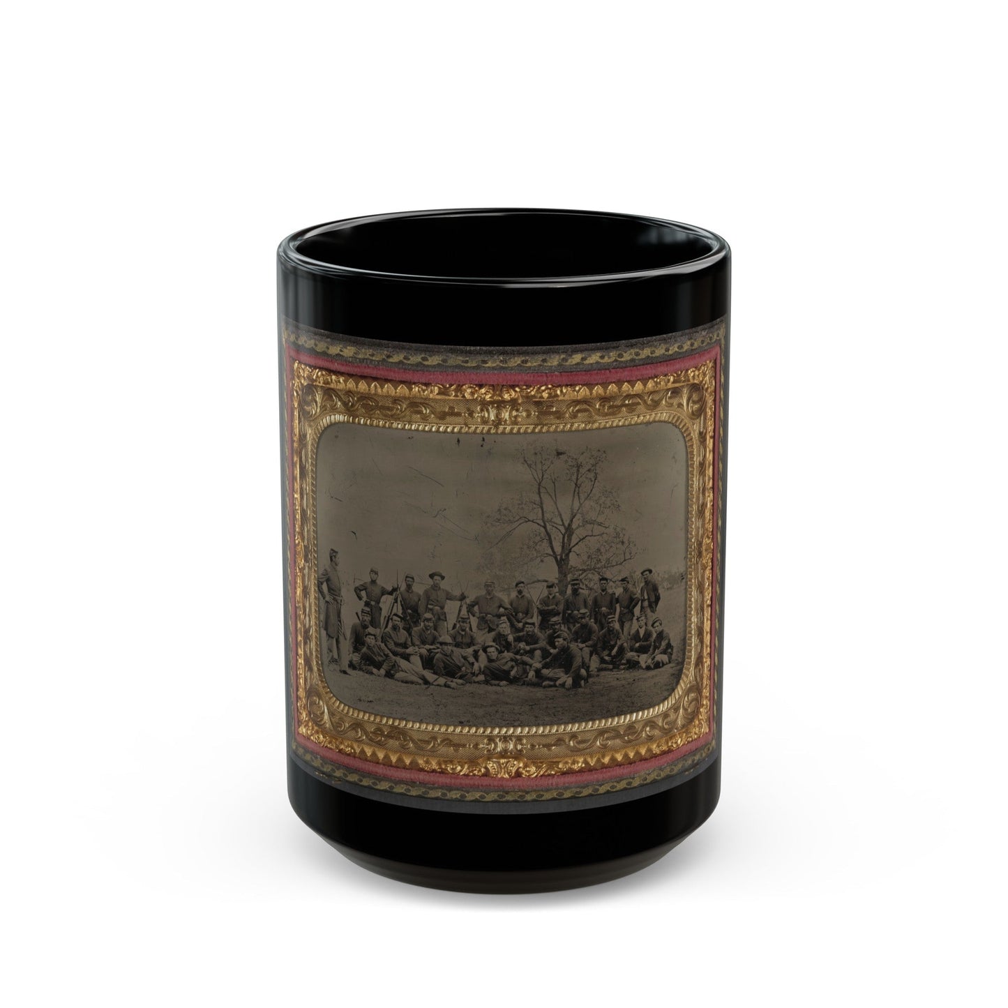 Group Of 26 Unidentified Soldiers In Union Uniforms With Stacked Bayoneted Muskets In Front Of Tree (U.S. Civil War) Black Coffee Mug-15oz-The Sticker Space