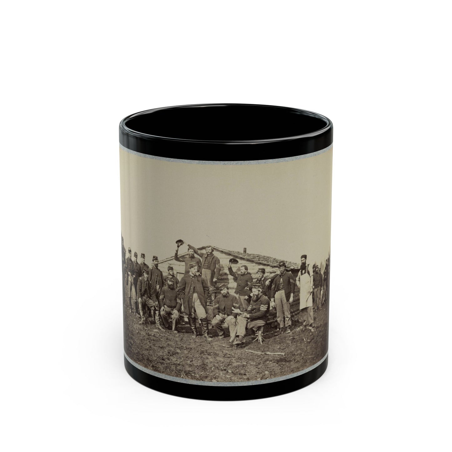 Group Of Soldiers Gathered Outside A Cabin (U.S. Civil War) Black Coffee Mug-11oz-The Sticker Space