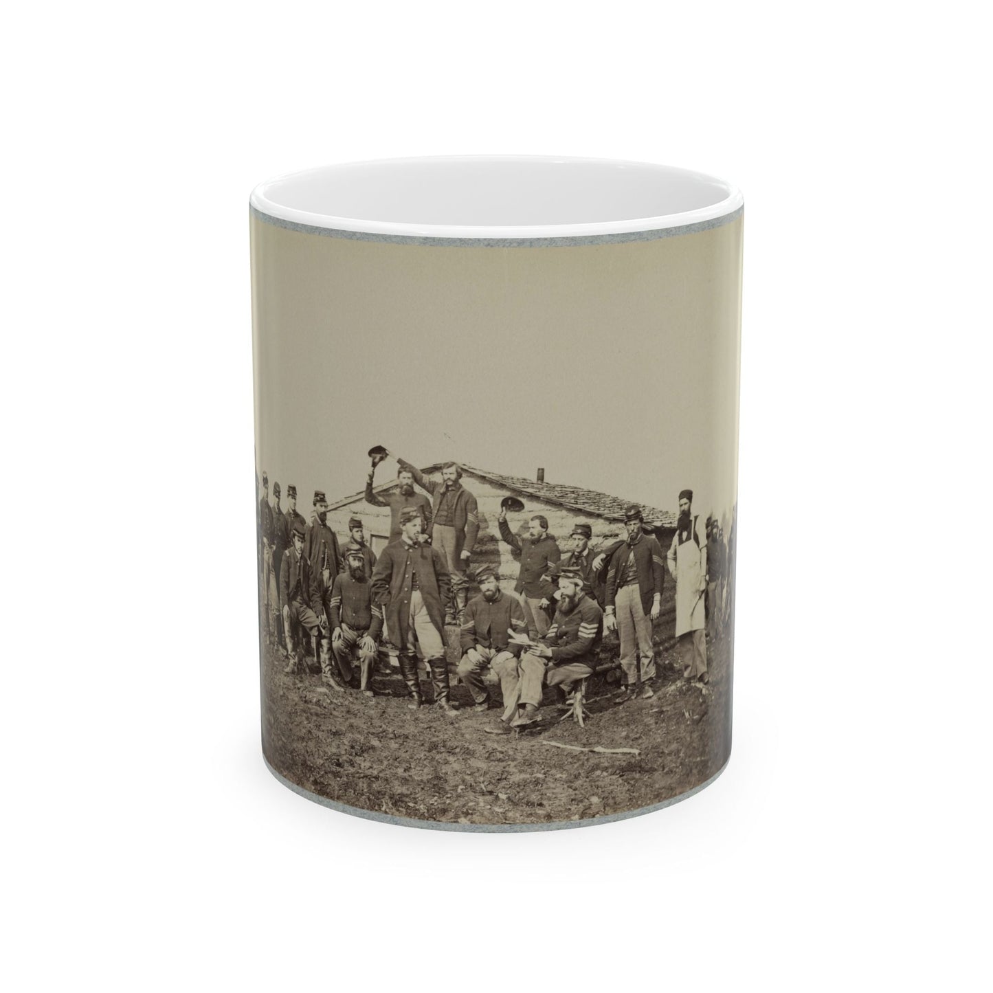 Group Of Soldiers Gathered Outside A Cabin (U.S. Civil War) White Coffee Mug