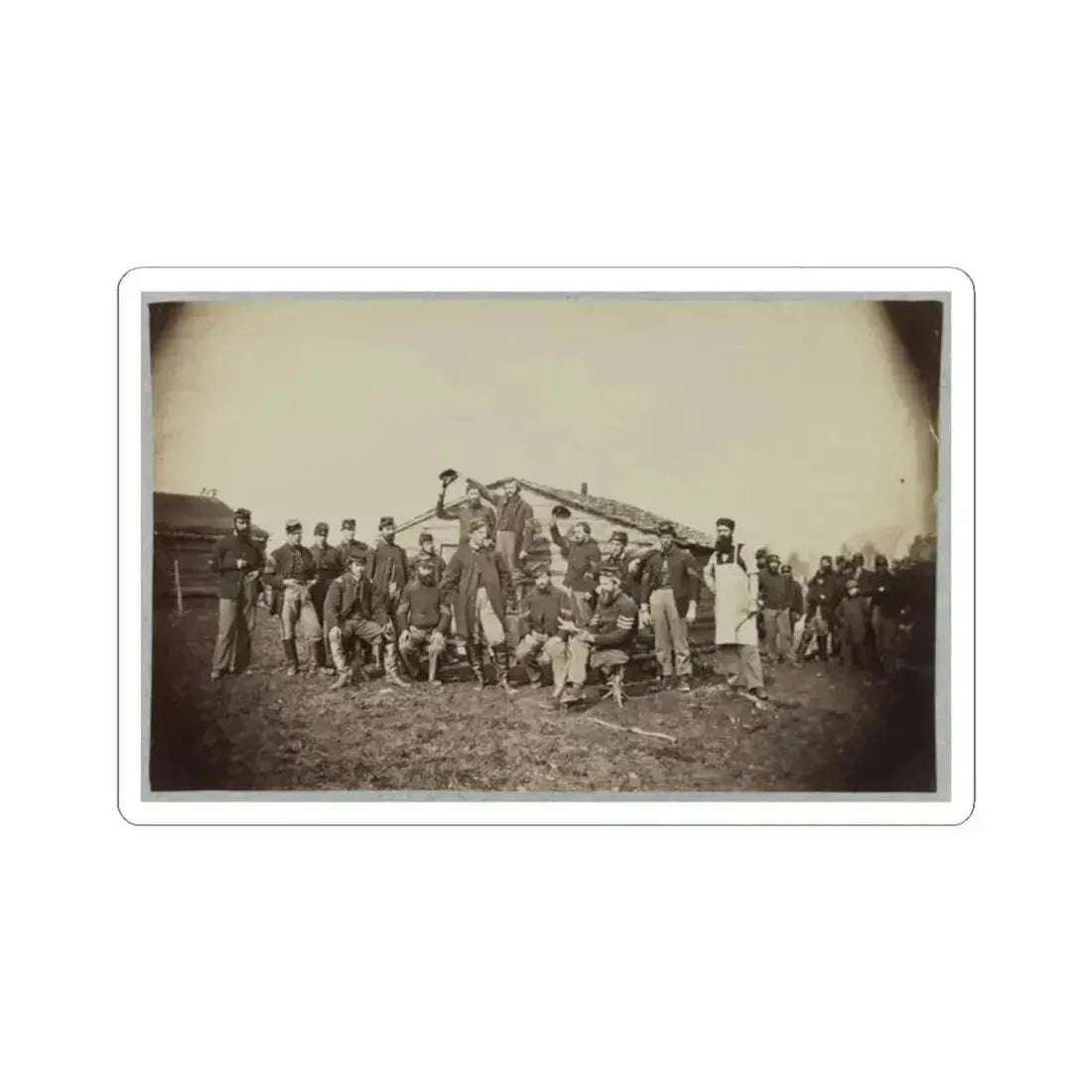 Group of Soldiers Gathered Outside a Cabin (U.S. Civil War) STICKER Vinyl Kiss-Cut Decal 2 Inch White - The Sticker Space