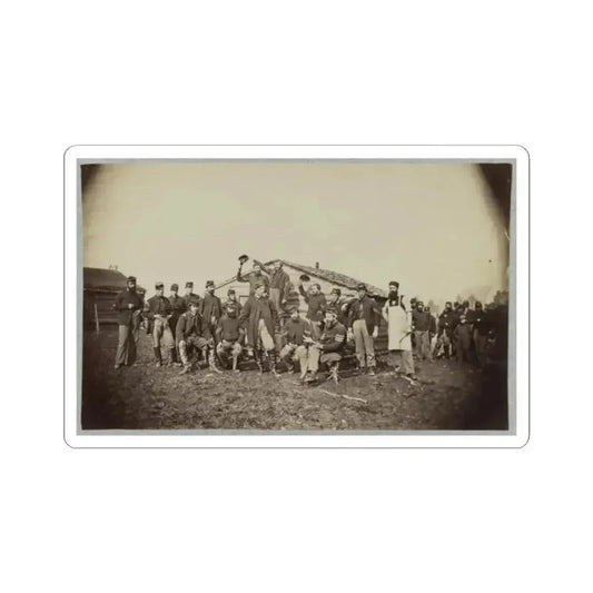 Group of Soldiers Gathered Outside a Cabin (U.S. Civil War) STICKER Vinyl Kiss-Cut Decal 2 Inch White - The Sticker Space