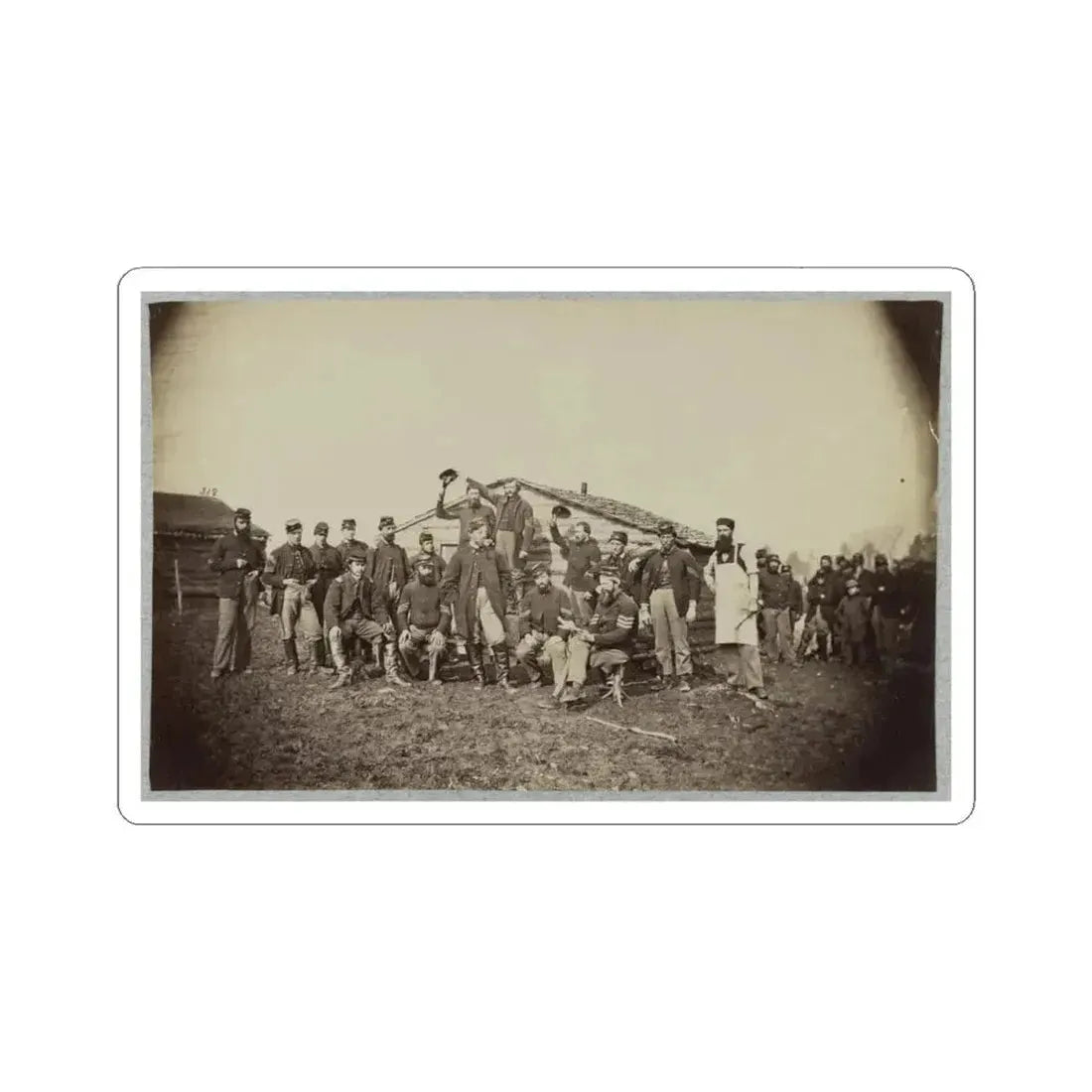 Group of Soldiers Gathered Outside a Cabin (U.S. Civil War) STICKER Vinyl Kiss-Cut Decal 4 Inch White - The Sticker Space
