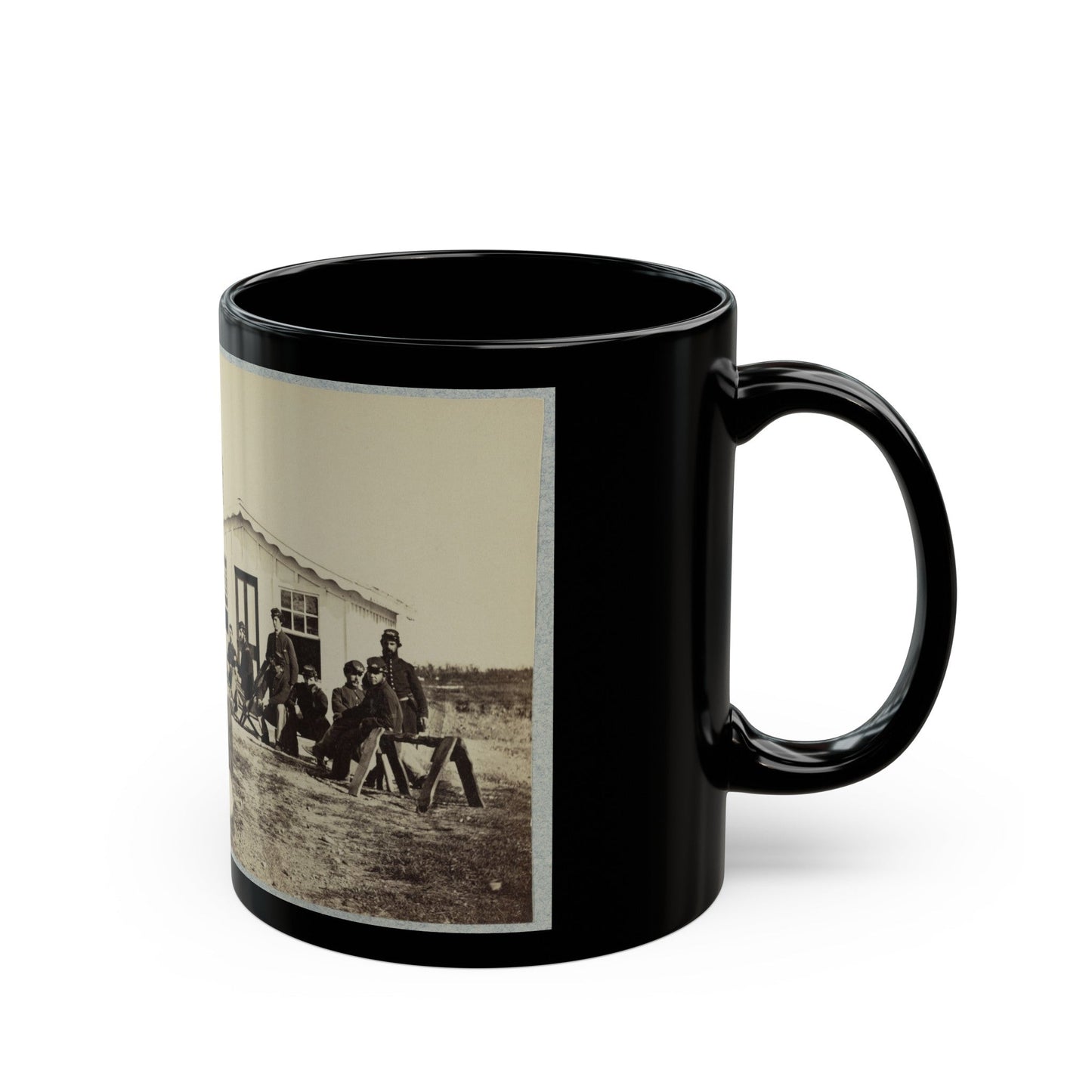 Group Of Soldiers Outside Winter Quarters (U.S. Civil War) Black Coffee Mug-The Sticker Space