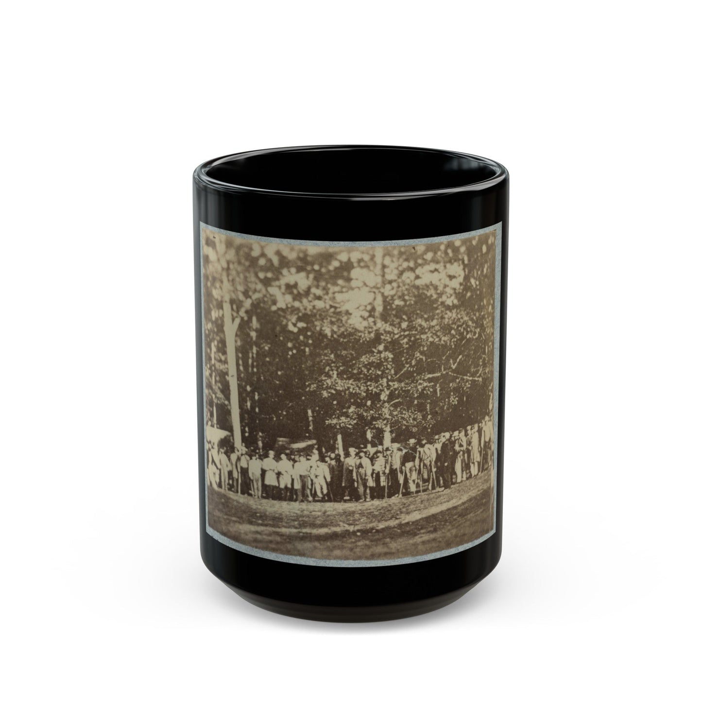 Group Of Soldiers, Some In Uniform And Some With Crutches, Pose In Front Of The Woods Possibly In Pennsylvania (U.S. Civil War) Black Coffee Mug-15oz-The Sticker Space