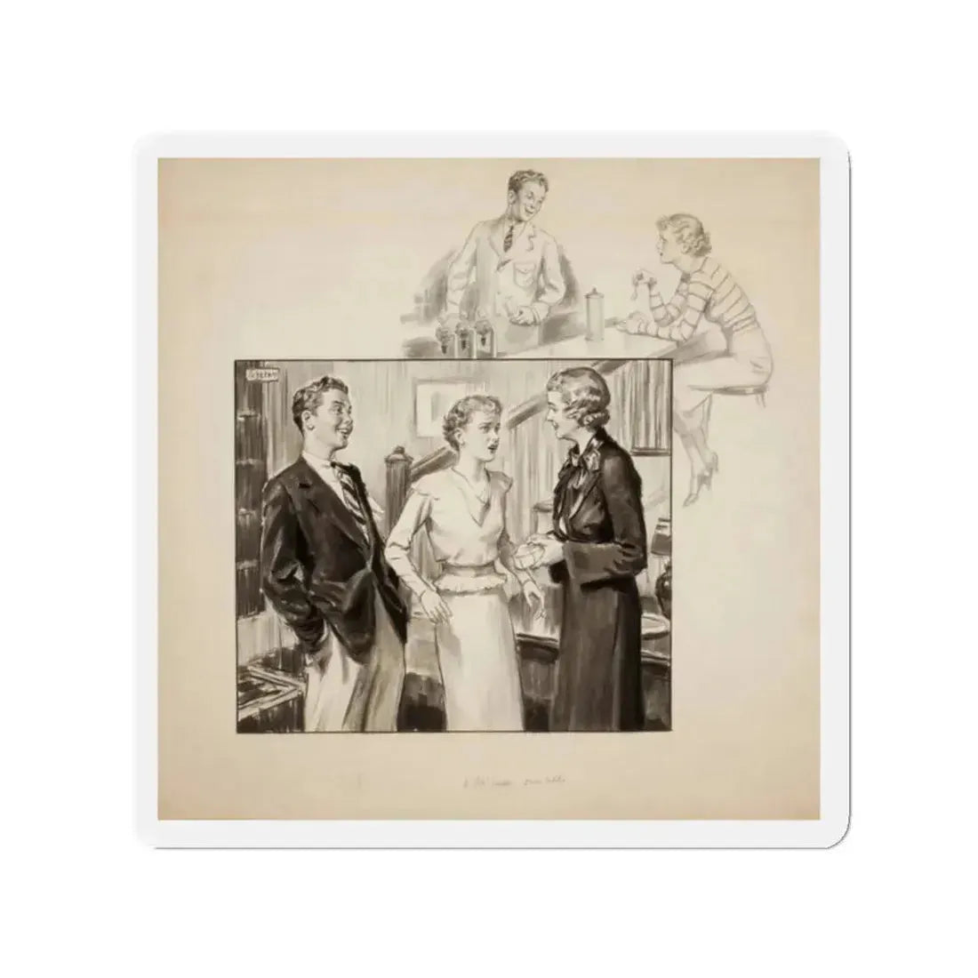 Group of three story illustrations (1) (Magazine Illustration) Refrigerator Magnet 2 Inch Die-Cut - The Sticker Space