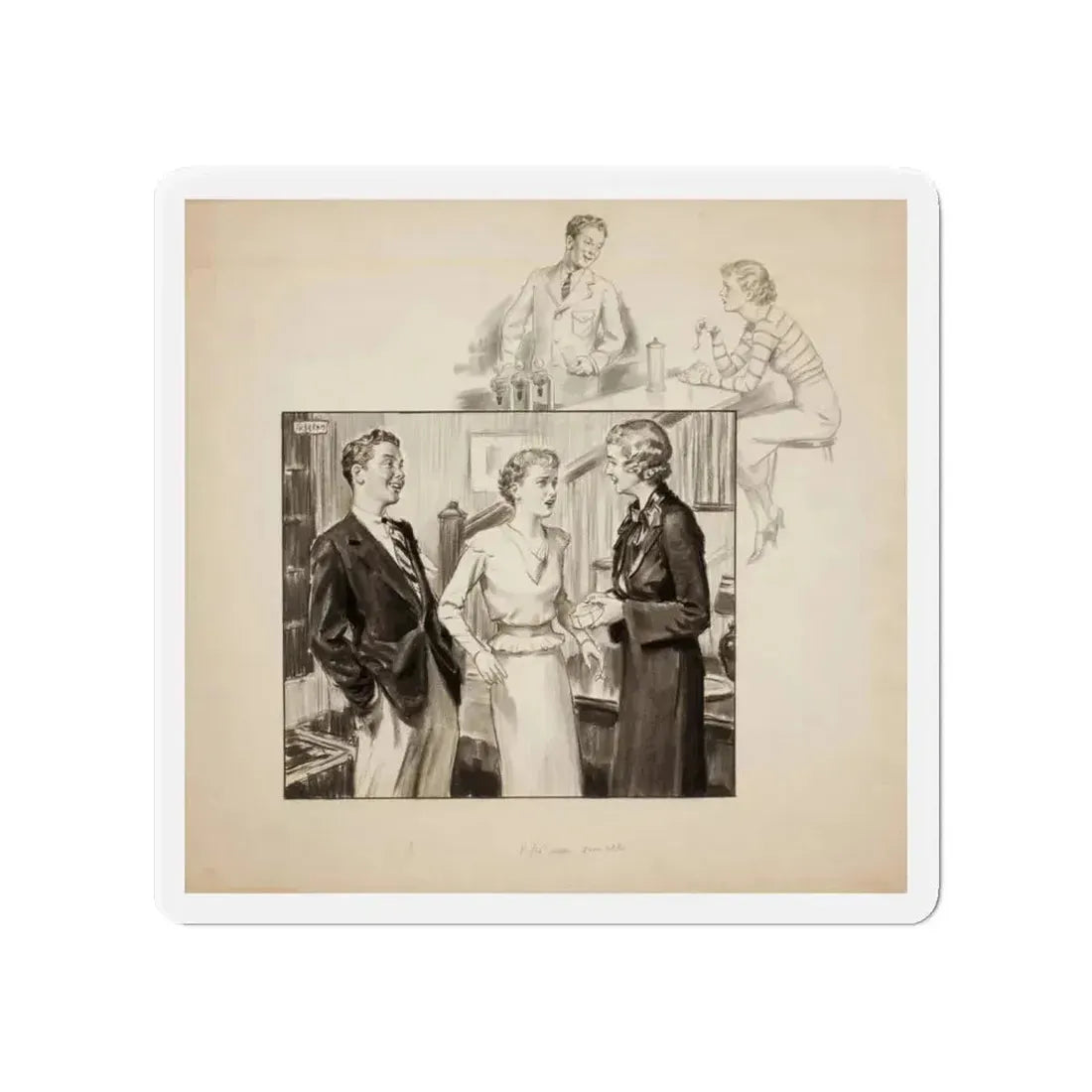 Group of three story illustrations (1) (Magazine Illustration) Refrigerator Magnet 4 Inch Die-Cut - The Sticker Space