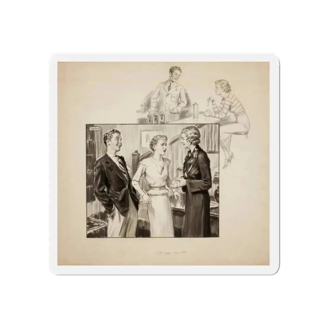 Group of three story illustrations (1) (Magazine Illustration) Refrigerator Magnet 5 Inch Die-Cut - The Sticker Space