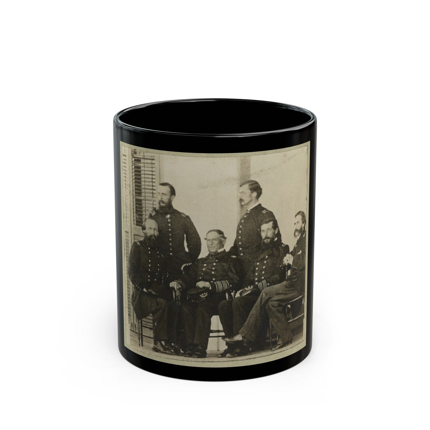 Group Portrait Of Officers With Admiral David G. Farragut Seated, Center (U.S. Civil War) Black Coffee Mug-11oz-The Sticker Space