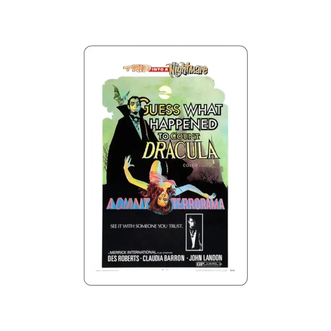 GUESS WHAT HAPPENED TO COUNT DRACULA 1971 Movie Poster STICKER Vinyl Die-Cut Decal 2 Inch - The Sticker Space
