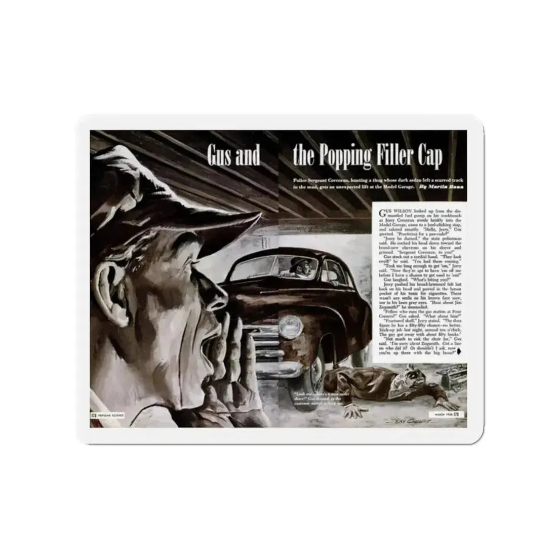 Gus and the Popping Filler Cap, Popular Science, March 1950 (Magazine Illustration) Refrigerator Magnet 2 Inch Die-Cut - The Sticker Space