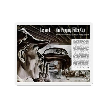 Gus and the Popping Filler Cap, Popular Science, March 1950 (Magazine Illustration) Refrigerator Magnet 2 Inch Die-Cut - The Sticker Space