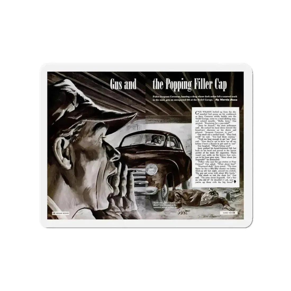 Gus and the Popping Filler Cap, Popular Science, March 1950 (Magazine Illustration) Refrigerator Magnet 3 Inch Die-Cut - The Sticker Space
