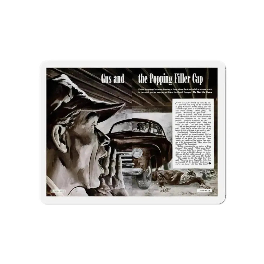 Gus and the Popping Filler Cap, Popular Science, March 1950 (Magazine Illustration) Refrigerator Magnet 5 Inch Die-Cut - The Sticker Space