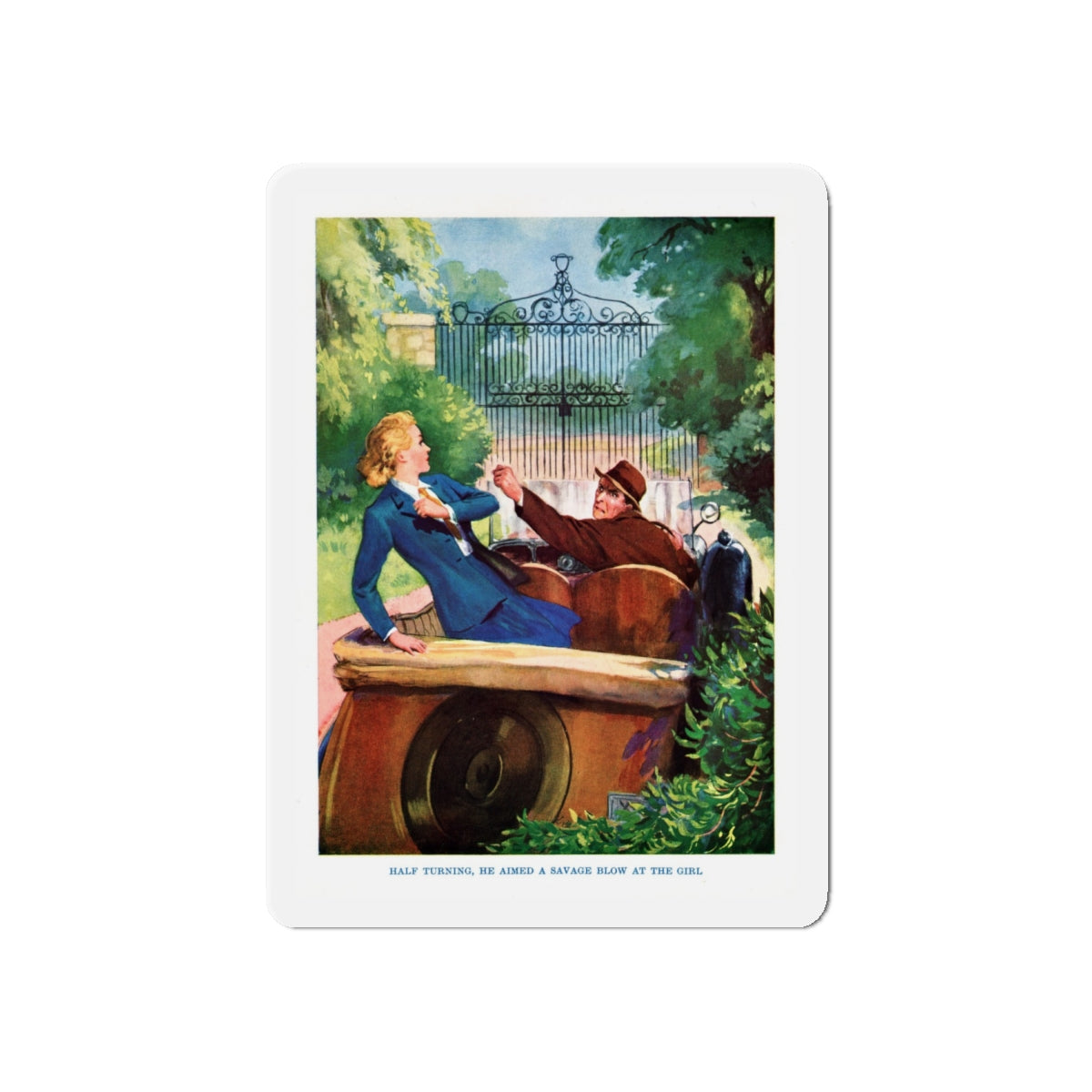 half turning, he aimed a savage blow at the girl (Magazine Illustration) Refrigerator Magnet