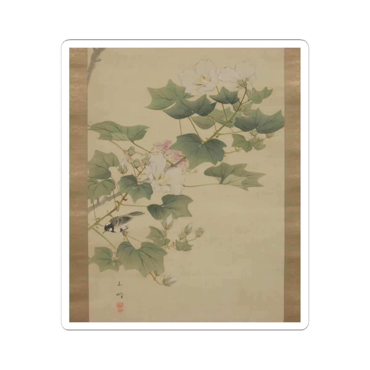Hasegawa Gyokuhō 長谷川玉峰 - Flowering Shrubs and Field Sparrows () - 19th century v6 - STICKER Vinyl Kiss-Cut Decal