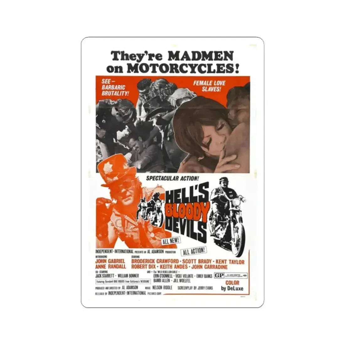 HELL'S BLOODY DEVILS 1970 Movie Poster - STICKER Vinyl Kiss-Cut Decal 2 Inch White - The Sticker Space