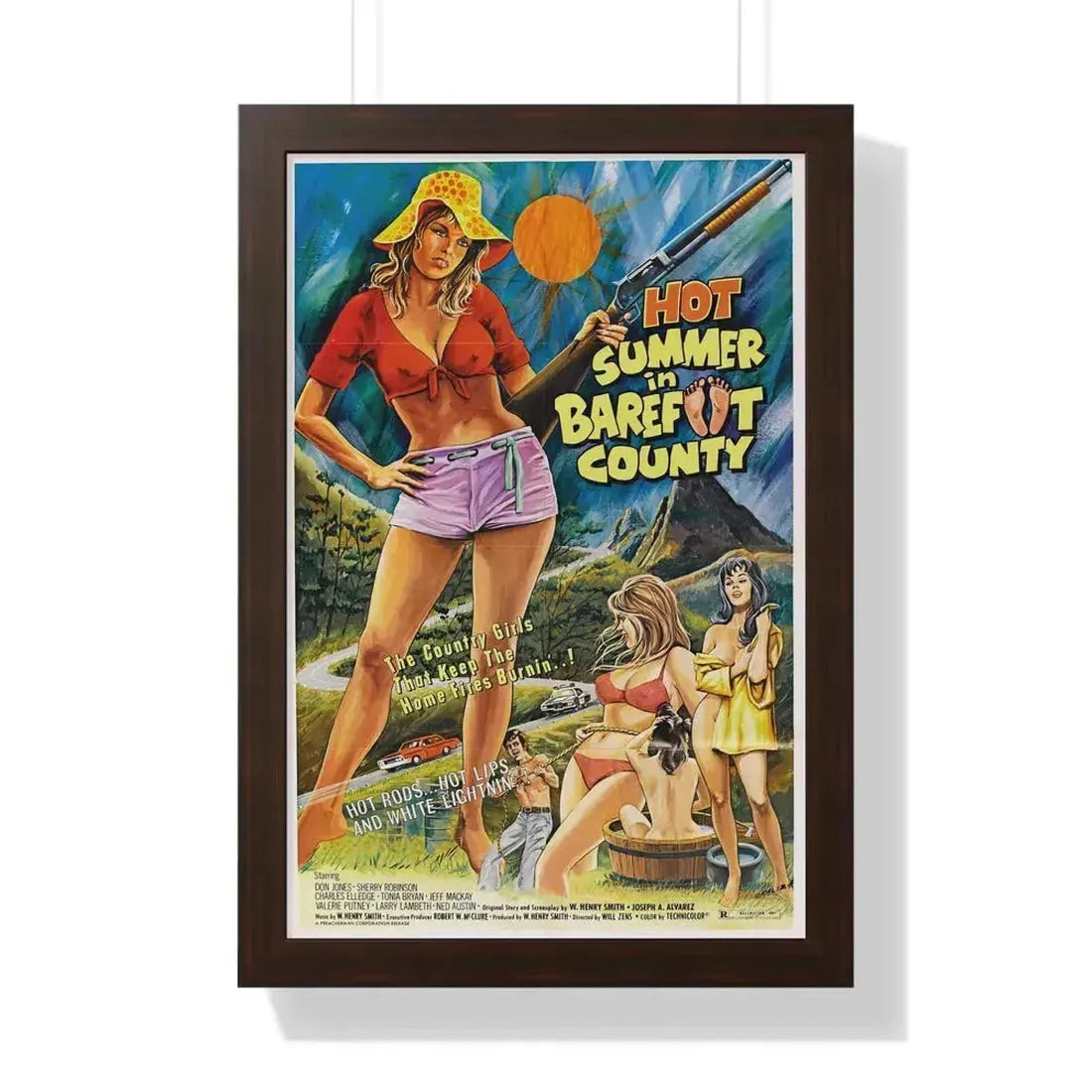 HOT SUMMER IN BAREFOOT COUNTY 1974 - Framed Movie Poster 16″ x 24″ Walnut - The Sticker Space