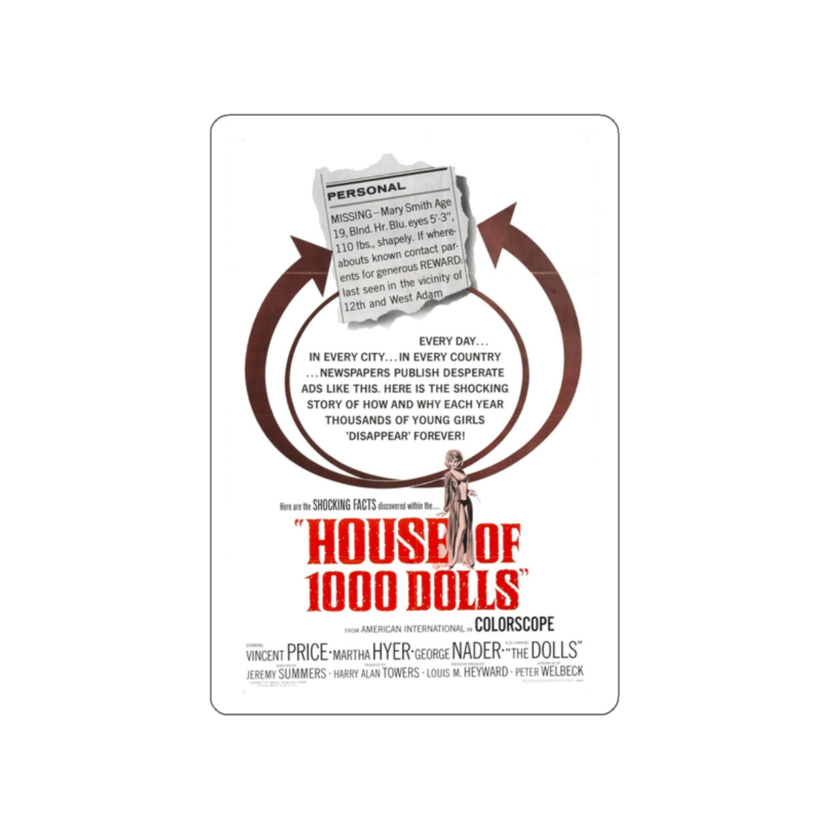 HOUSE OF 1000 DOLLS 1967 Movie Poster STICKER Vinyl Die-Cut Decal-2 Inch-The Sticker Space