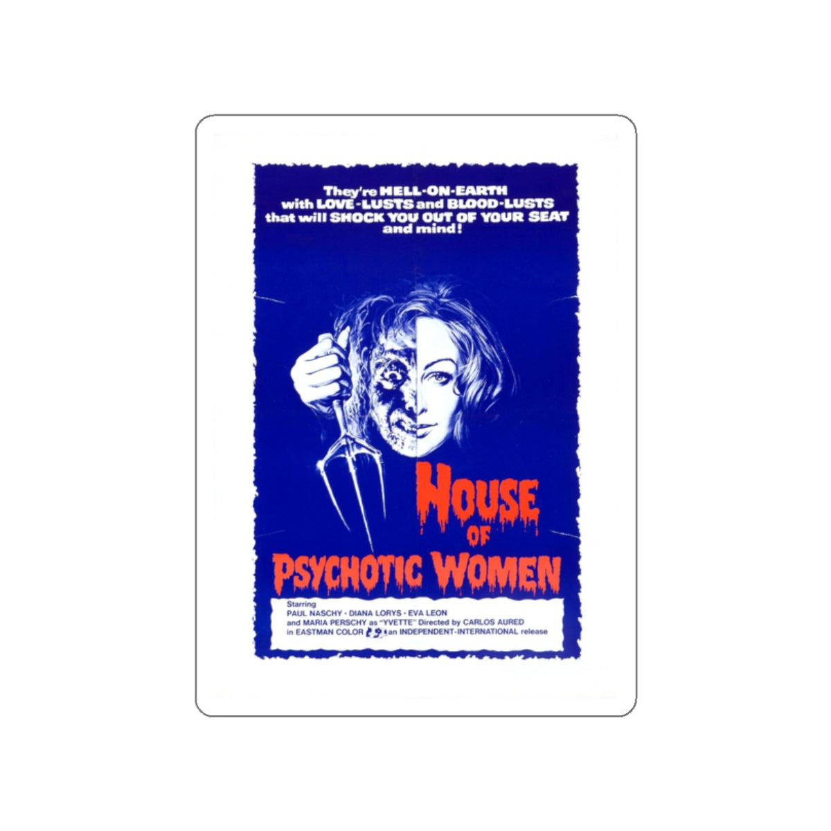 HOUSE OF PSYCHOTIC WOMEN (BLUE EYES OF THE BROKEN DOLL) 1973 Movie Poster STICKER Vinyl Die-Cut Decal-2 Inch-The Sticker Space