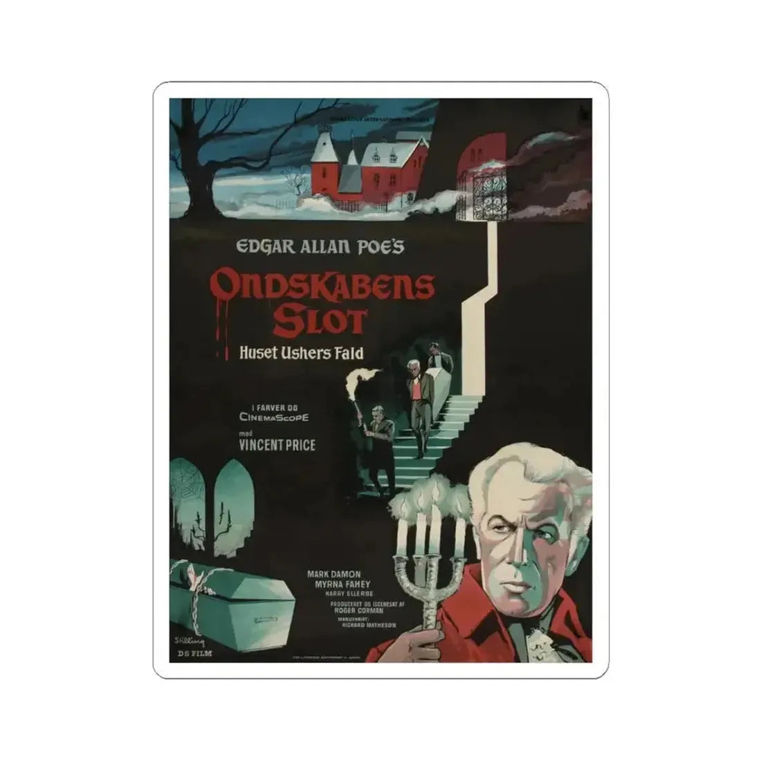 HOUSE OF USHER (DANISH) 1960 Movie Poster - STICKER Vinyl Kiss-Cut Decal 3 Inch White - The Sticker Space