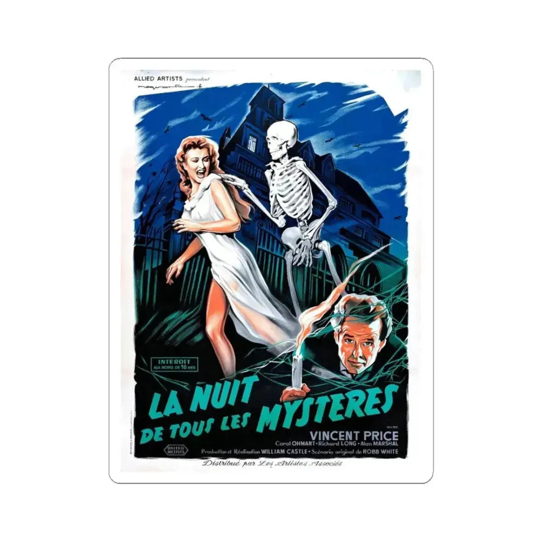 HOUSE ON HAUNTED HILL (FRENCH) 1958 Movie Poster - STICKER Vinyl Kiss-Cut Decal 3 Inch White - The Sticker Space