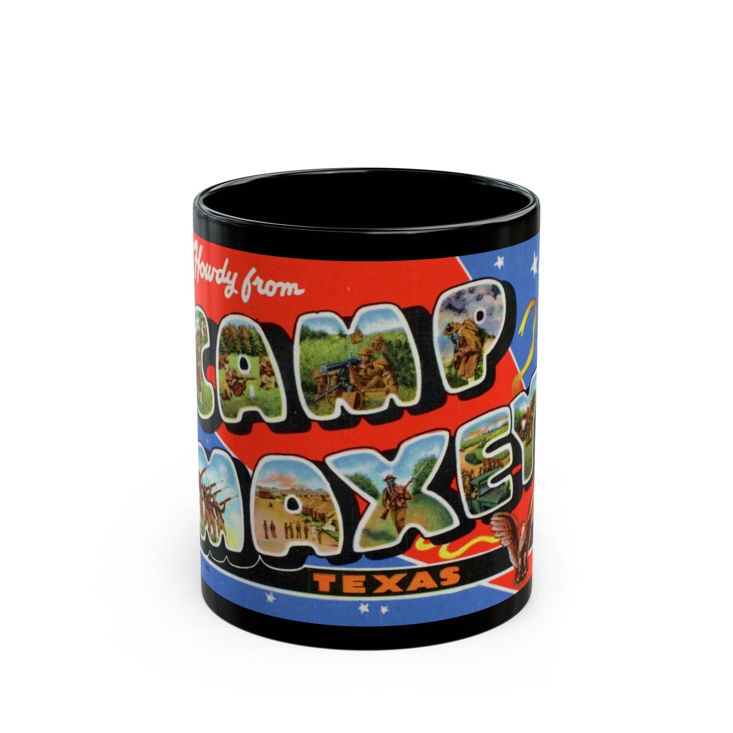 Howdy from Camp Maxey Texas (Greeting Postcards) Black Coffee Mug-11oz-The Sticker Space