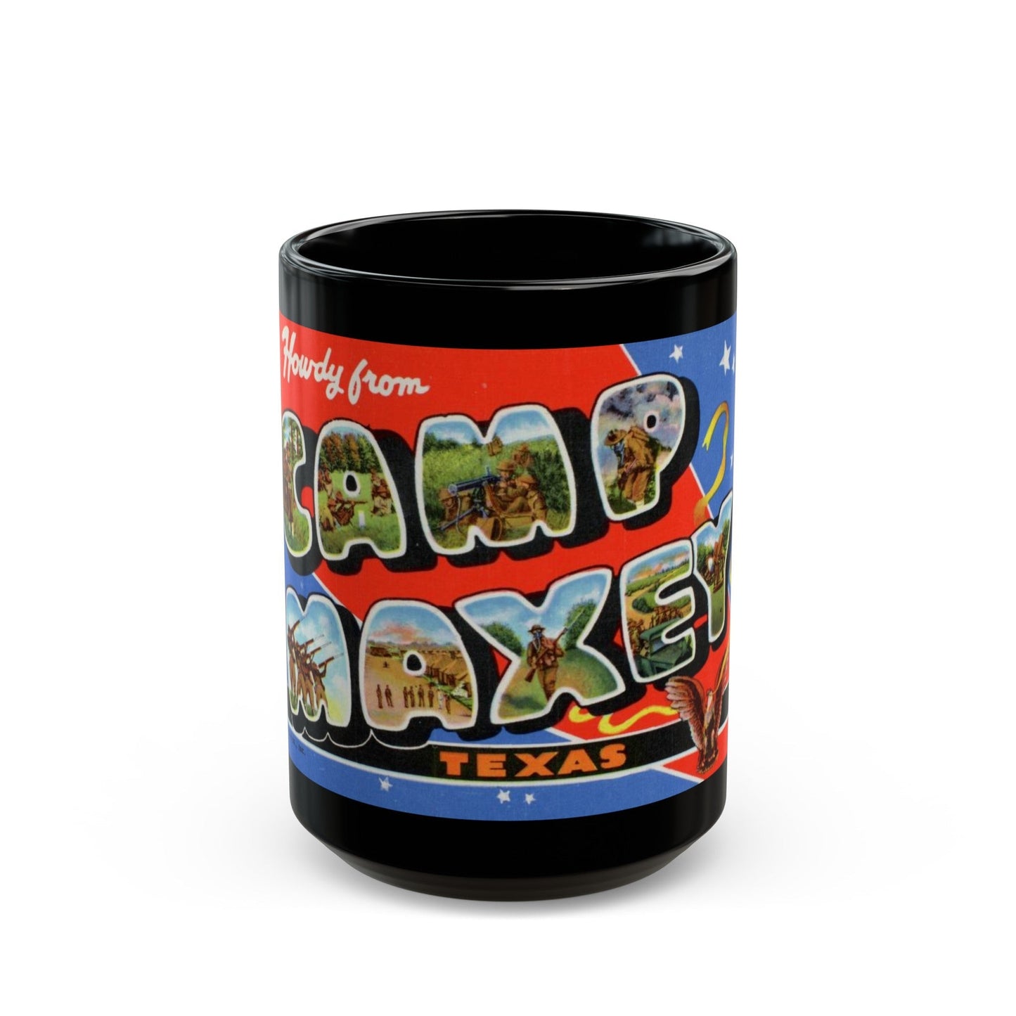 Howdy from Camp Maxey Texas (Greeting Postcards) Black Coffee Mug-15oz-The Sticker Space