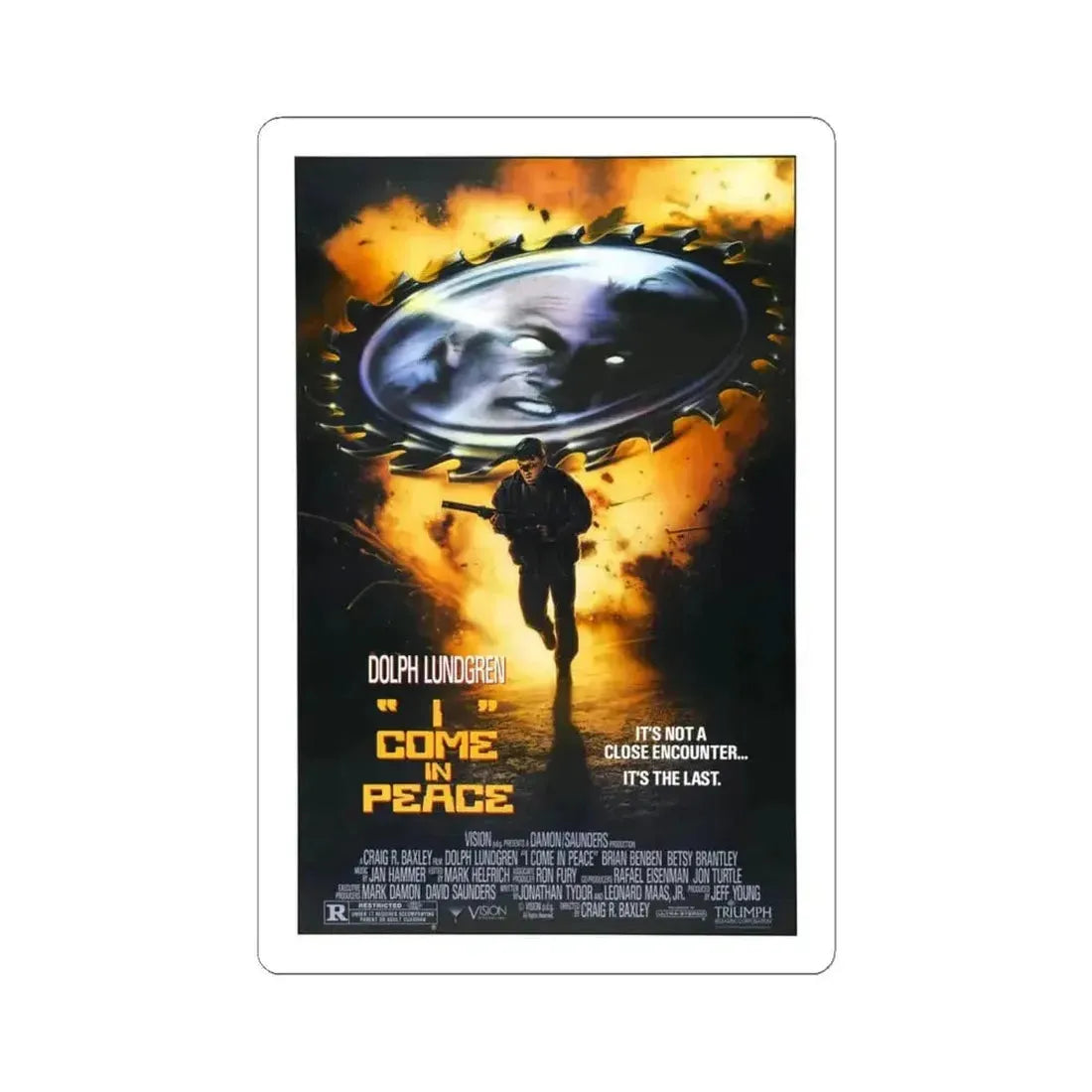 I COME IN PEACE (DARK ANGEL) 1990 Movie Poster - STICKER Vinyl Kiss-Cut Decal 4 Inch White - The Sticker Space