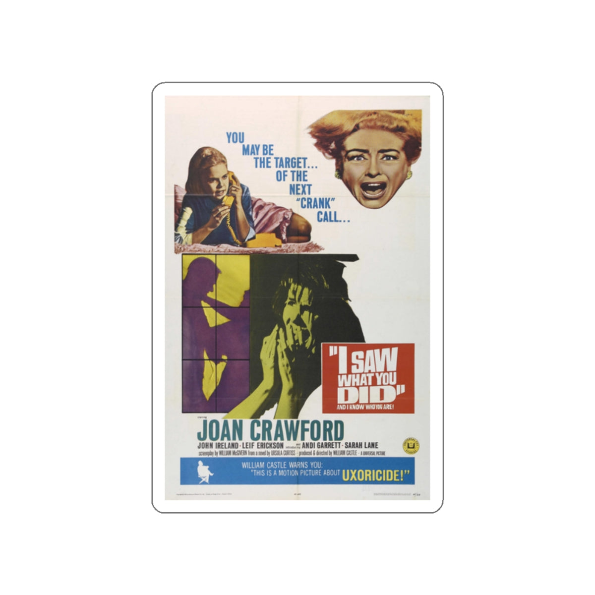 I SAW WHAT YOU DID 1965 Movie Poster STICKER Vinyl Die-Cut Decal-2 Inch-The Sticker Space