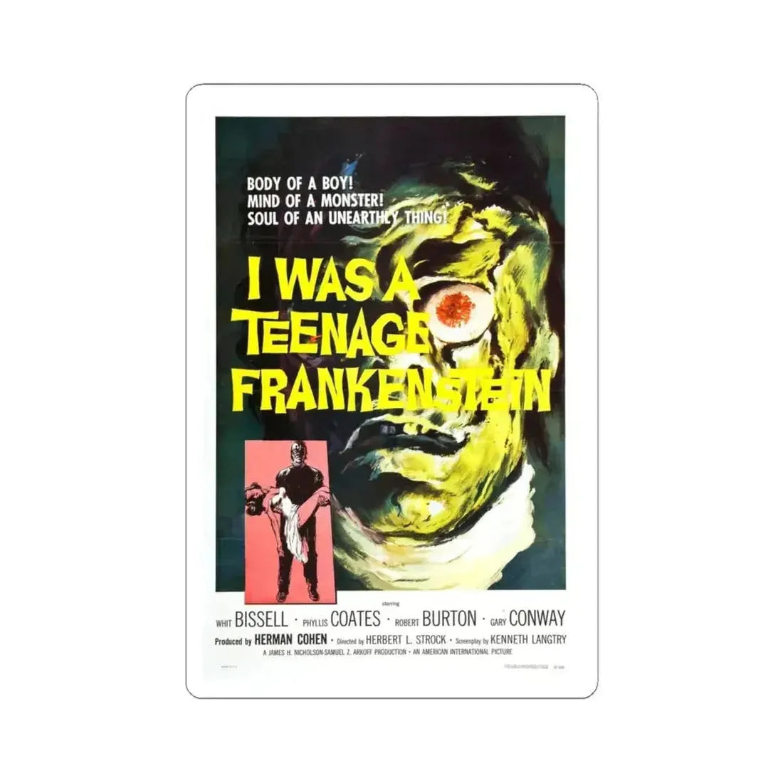 I WAS A TEENAGE FRANKENSTEIN 1957 Movie Poster - STICKER Vinyl Kiss-Cut Decal 4 Inch White - The Sticker Space