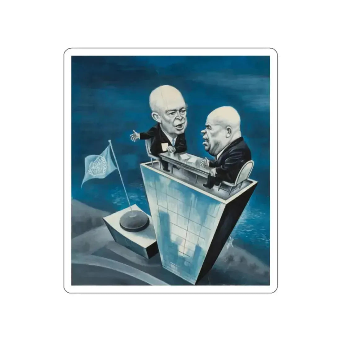 Ike and Kruschev, Newsweek magazine preliminary illustration, September 21, 1959 (Magazine Illustration) STICKER Vinyl Die-Cut Decal White Die-Cut 2 Inch - The Sticker Space