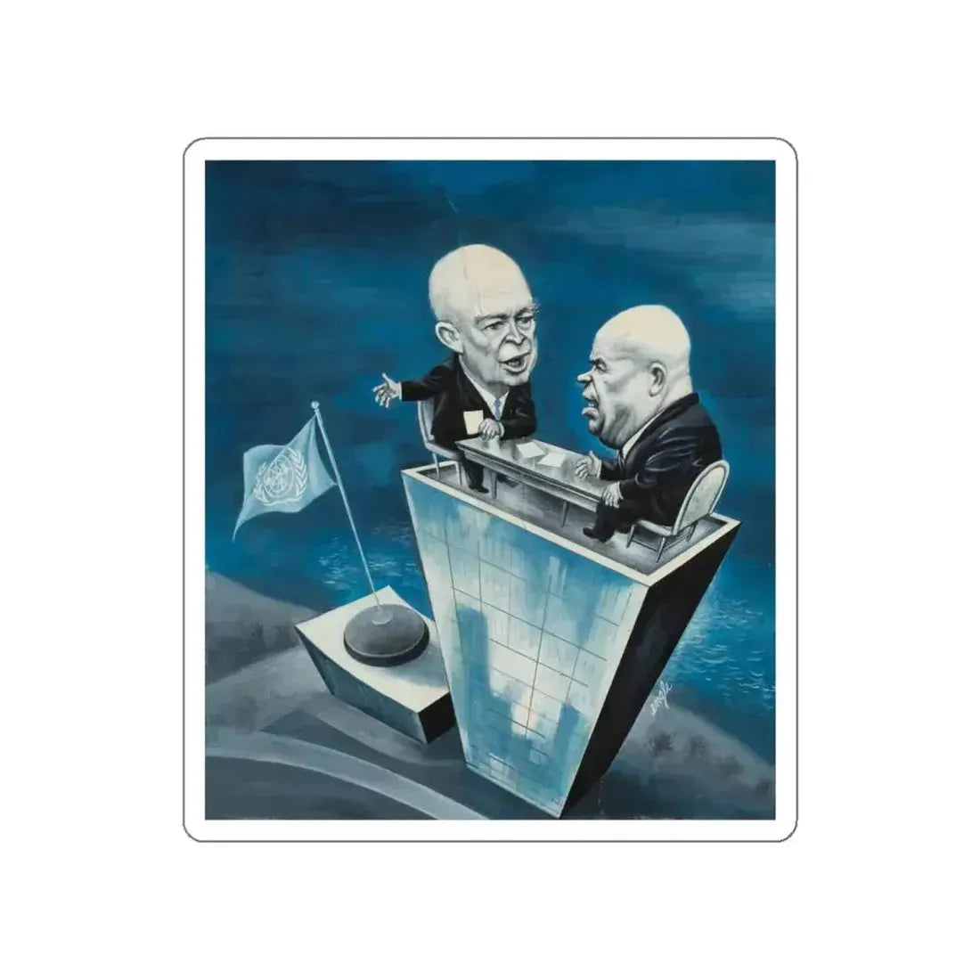 Ike and Kruschev, Newsweek magazine preliminary illustration, September 21, 1959 (Magazine Illustration) STICKER Vinyl Die-Cut Decal White Die-Cut 5 Inch - The Sticker Space