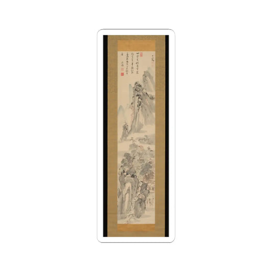 Vertical Chinese hanging scroll of grey cliffs, leafy trees and small rooftop houses in muted ink and colour.