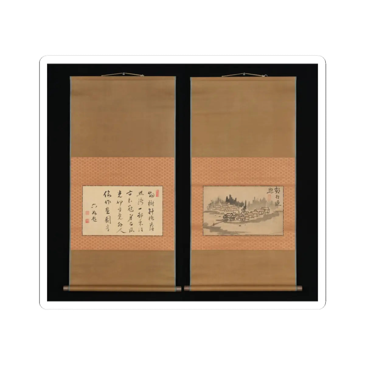 Ike no Taiga - Evening Glow in a Mountain Village and Calligraphy - late 18th–early 19th century v1 - STICKER Vinyl Kiss-Cut Decal