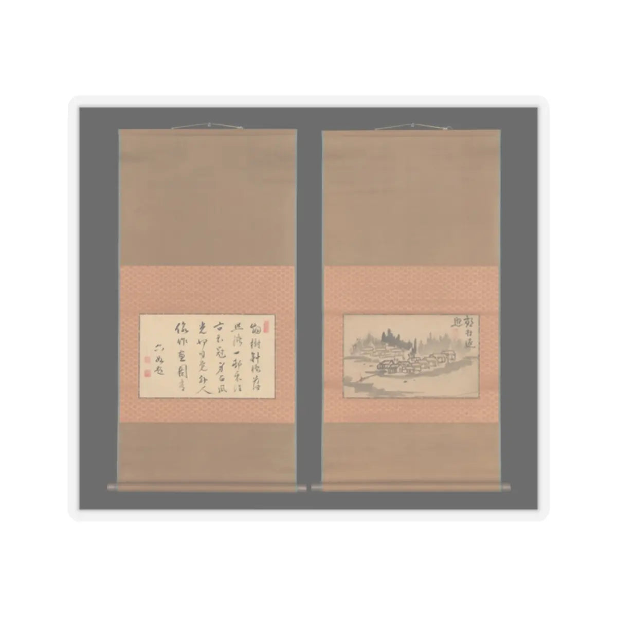 Ike no Taiga - Evening Glow in a Mountain Village and Calligraphy - late 18th–early 19th century v1 - STICKER Vinyl Kiss-Cut Decal