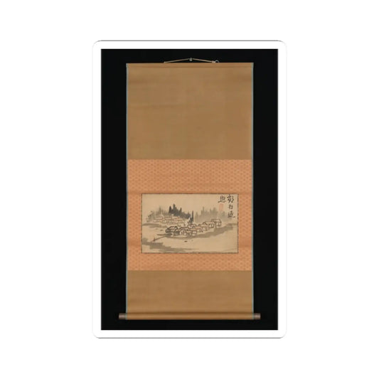 Small ink wash painting of a riverside village with rooftops and trees, mounted on a tan silk hanging scroll.