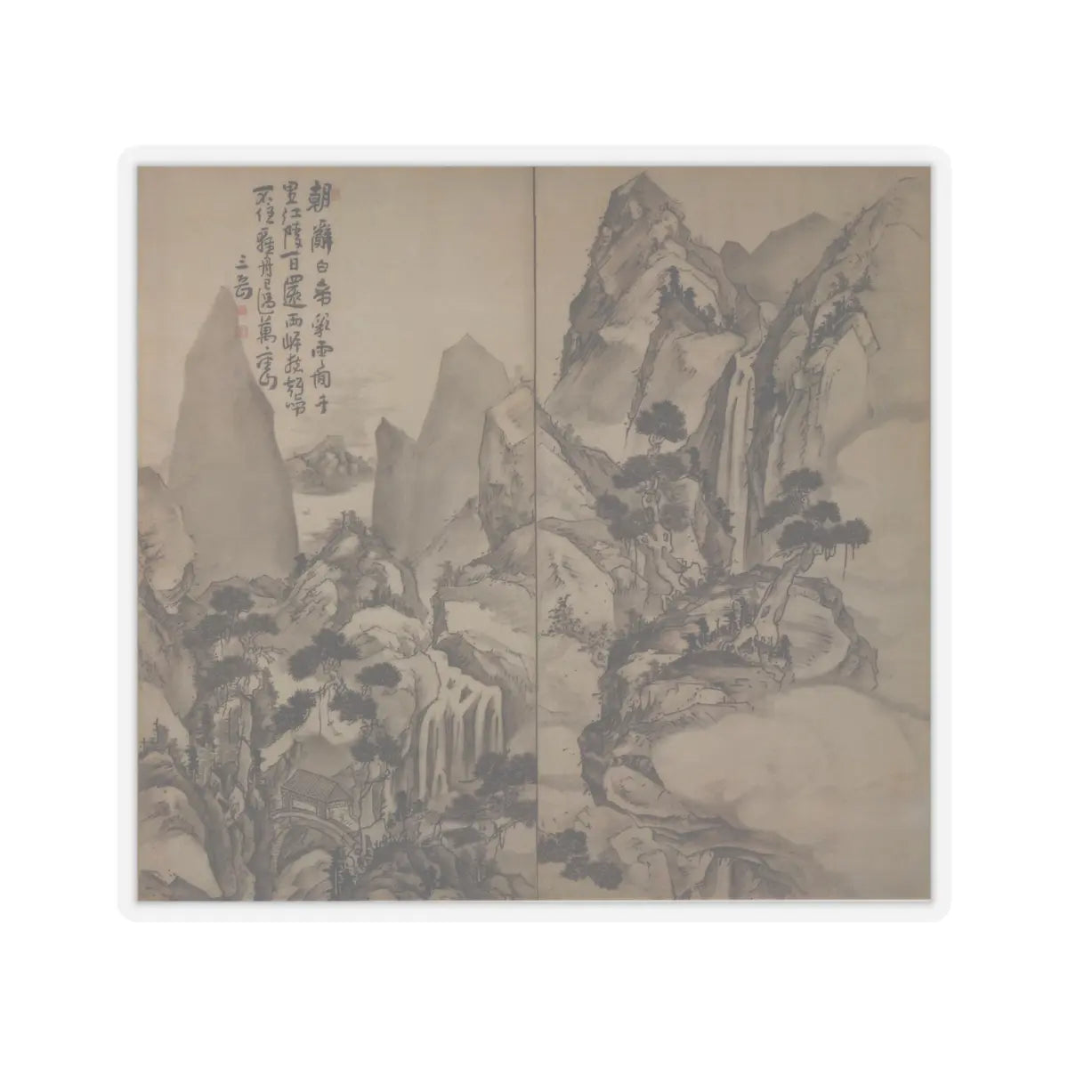 Ike no Taiga - Landscape after Li Bai's poem - probably 19th century v1 - STICKER Vinyl Kiss-Cut Decal